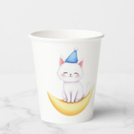Vasos De Papel Cute White Kitten on Moon Paper cup