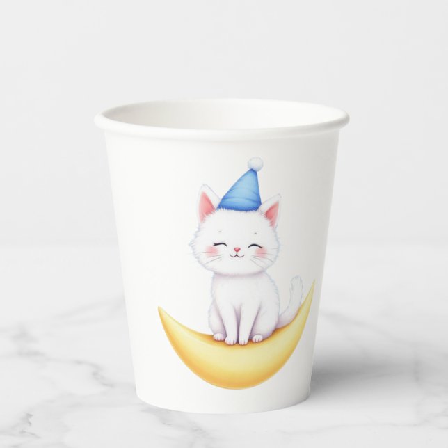 Vasos De Papel Cute White Kitten on Moon Paper cup (Anverso)