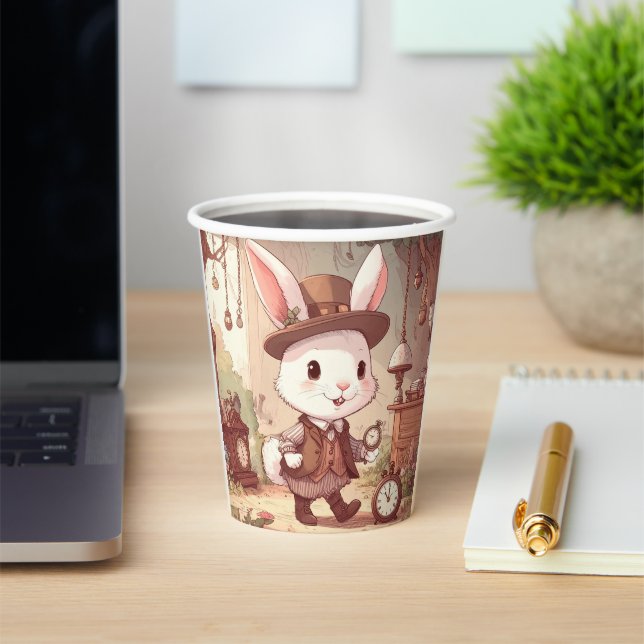 Vasos De Papel Cute White Rabbit Wonderland Whimsical Timekeeper (in situ)