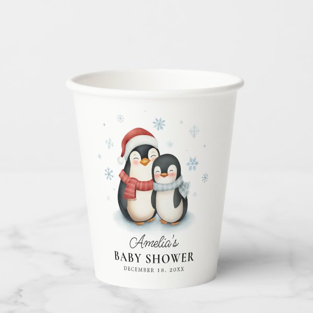 Vasos De Papel Cute Winter Penguin Family Navidades Baby Shower (Anverso)
