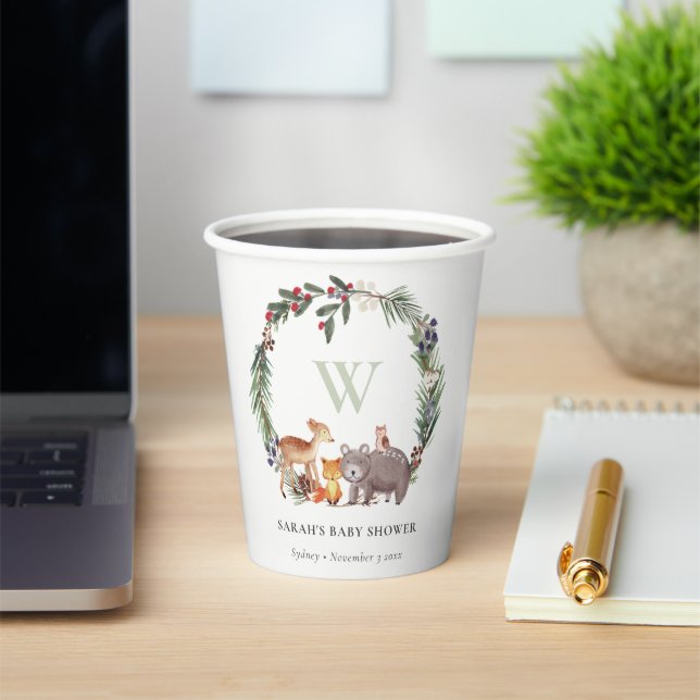 Vasos De Papel Cute Woodland Animal Leafy Wreath Baby Shower (in situ)