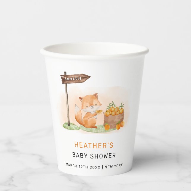 Vasos De Papel Cute Woodland Fox Citrus Naranja Farm Baby Shower (Anverso)