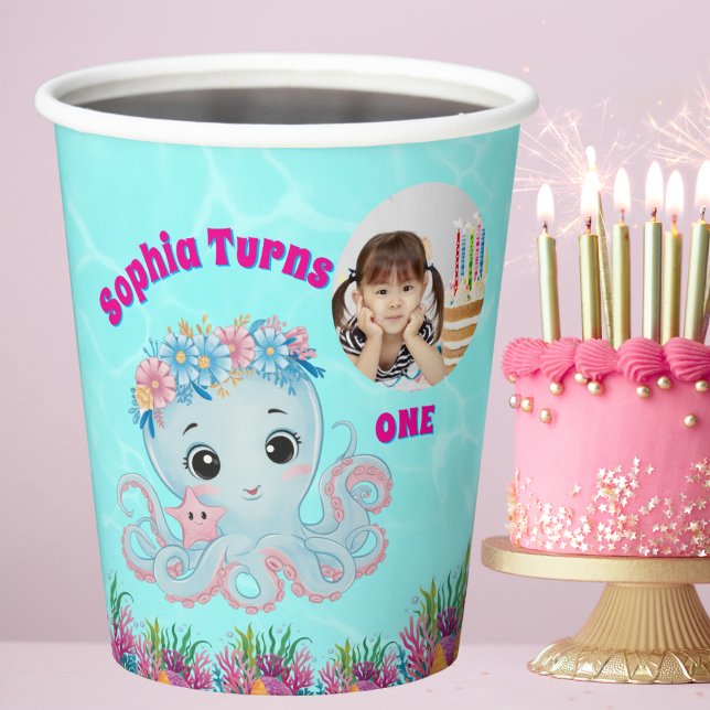 Vasos De Papel Cute y caprichoso pulpo floral Girly Foto cumpleañ (Subido por el creador)
