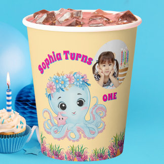 Vasos De Papel Cute y caprichoso pulpo floral Girly Foto cumpleañ