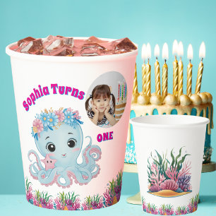Vasos De Papel Cute y caprichoso pulpo floral Girly Foto cumpleañ