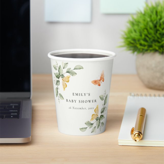 Vasos De Papel Cute Yellow Garden Foliage Butterflies Baby Shower (in situ)