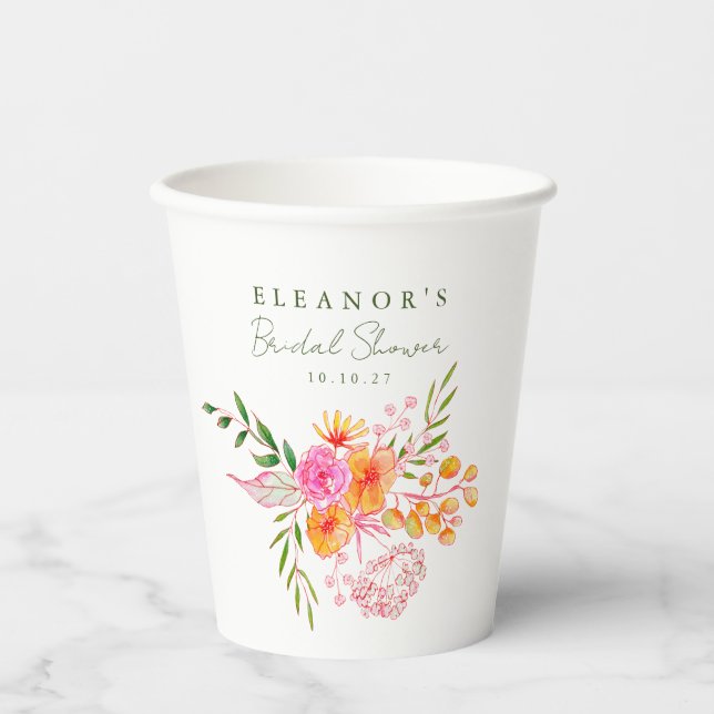 Vasos De Papel Cuto Naranja Rosa Floral acuarela Ducha de novia (Anverso)