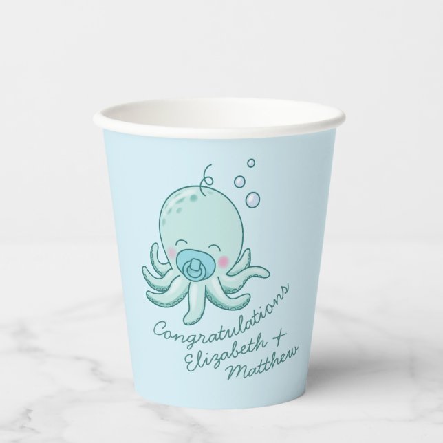 Vasos De Papel Cuto pulpo Baby Shower Kawaii Blue Boy (Anverso)