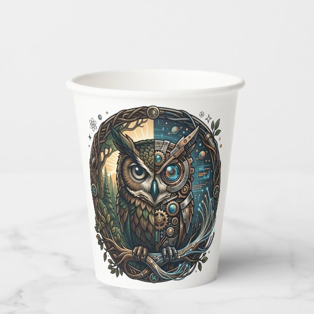 Vasos De Papel Cybernetic Owl Nature vs Technology Steampunk (Anverso)