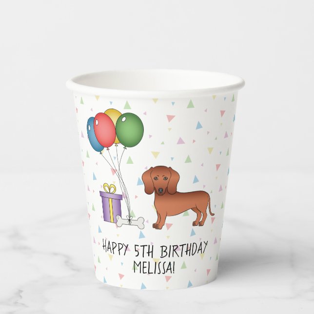 Vasos De Papel Dachshund de Pelo Liso Rojo Cumpleaños Feliz (Anverso)