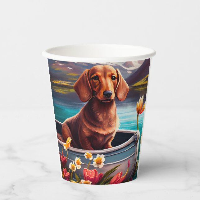 Vasos De Papel Dachshund sobre un remo: Una aventura escénica (Anverso)