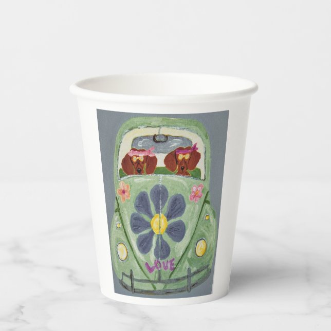 Vasos De Papel Dachshunds en Coche Hippie (Anverso)