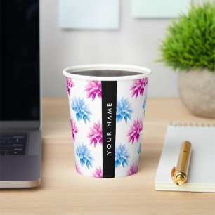 Vasos De Papel Dahlia rosa y azul, patrón floral, nombre