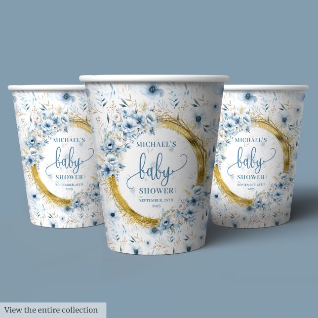 Vasos De Papel Dainty boho polvoriento azul acuarela flores oro (Dainty boho dusty blue watercolor flowers gold paper cups)
