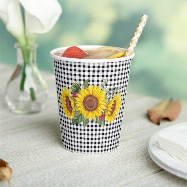 Vasos De Papel Damas Chicas Eventos Gingham & Sunflower Floral (in situ)