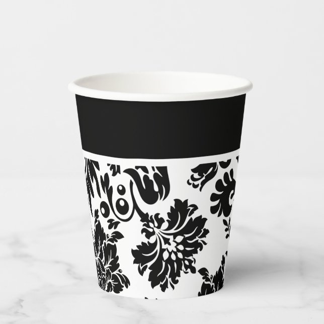 Vasos De Papel Damasco blanco y negro (Anverso)