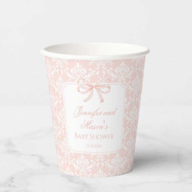 Vasos De Papel damasco rosa pastel bebé niña ducha cucharas de pa (Anverso)