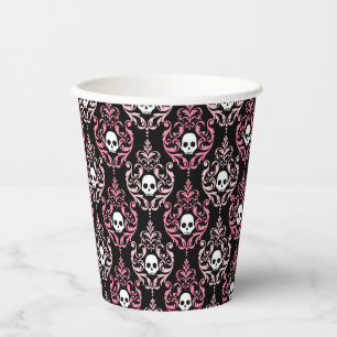 Vasos De Papel Damasco rosa y negro con cráneo Halloween