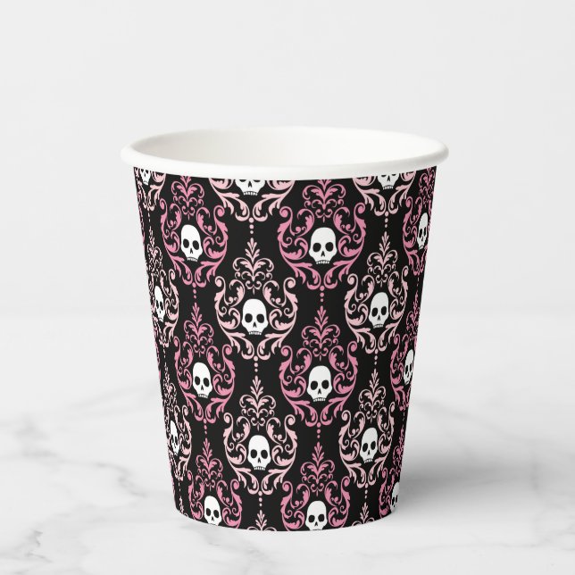 Vasos De Papel Damasco rosa y negro con cráneo | Halloween (Anverso)