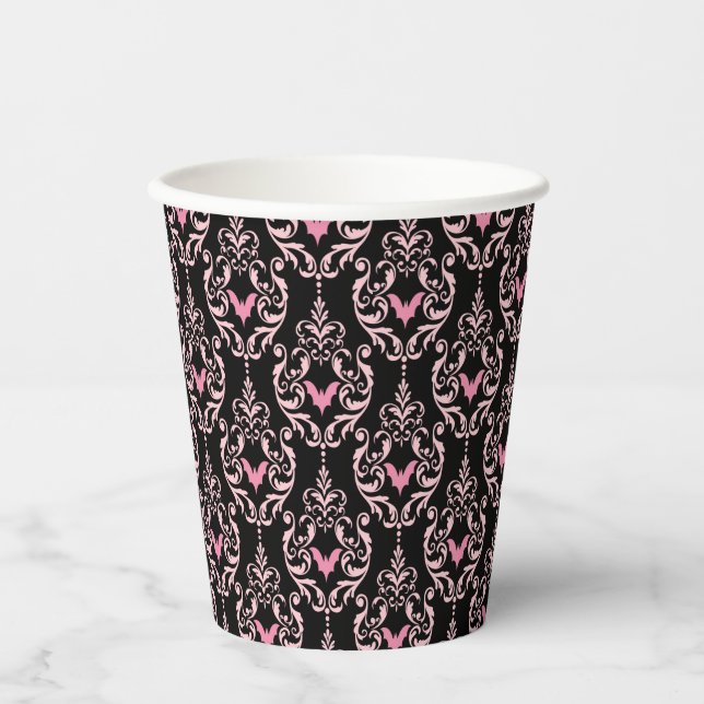 Vasos De Papel Damasco rosa y negro con murciélagos | Halloween (Anverso)