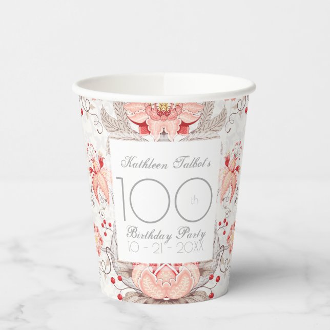Vasos De Papel Damask Floral 100th Birthday Party Paper Cup (Izquierda)