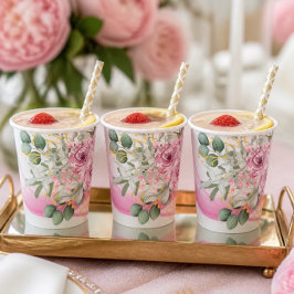 Vasos de papel de boda con onda rosa y floral