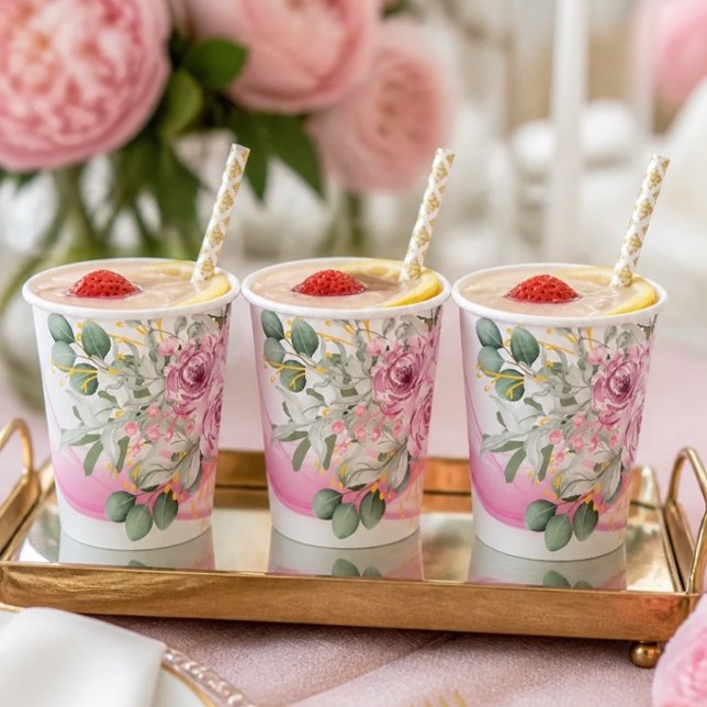 Vasos de papel de boda con onda rosa y floral (Subido por el creador)