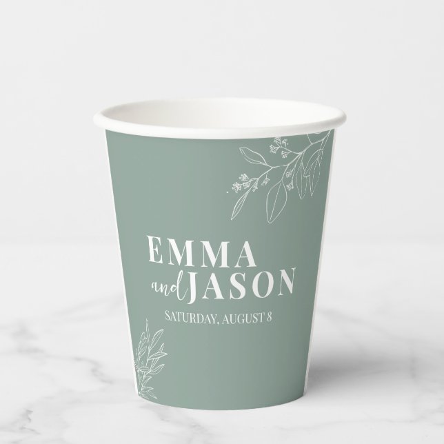 Vasos de papel de boda verde sage floral boho (Anverso)