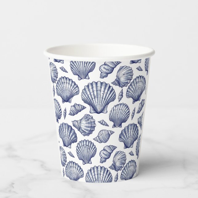 Vasos de papel de conchas de mar azules y blancos  (Reverso )