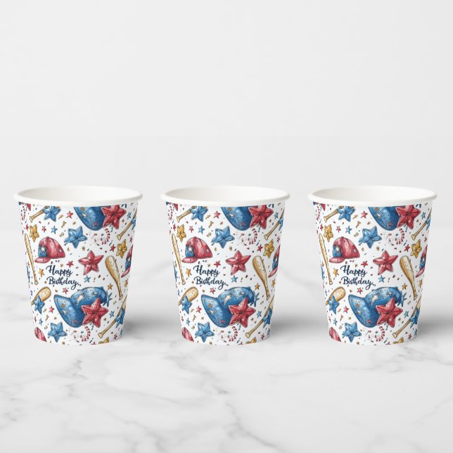 Vasos de papel de cumpleaños de béisbol para fiest (Multi)