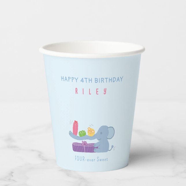 Vasos de papel de cumpleaños de elefante de nariz  (Anverso)