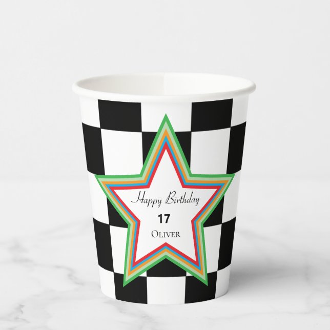 Vasos de papel de cumpleaños felices a cuadros bla (Izquierda)