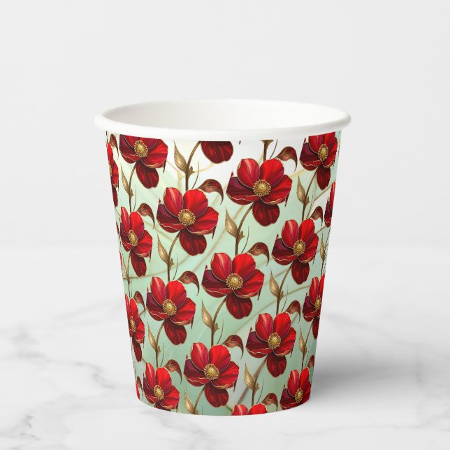 Vasos de Papel de Flor Roja de Vidrio Emplomado (Anverso)
