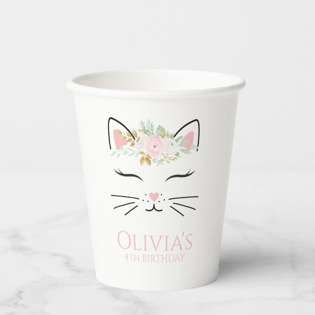 Vasos de papel de gatito con kit floral para fiest (Anverso)