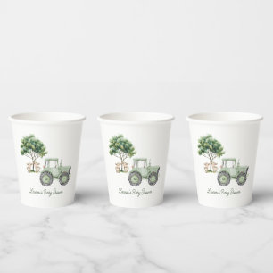 Vasos de papel de granja de tractor verde acuarela