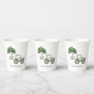 Vasos de papel de granja de tractor verde acuarela