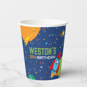 Vasos De Papel De las tazas de papel de cumpleaños espacial en el