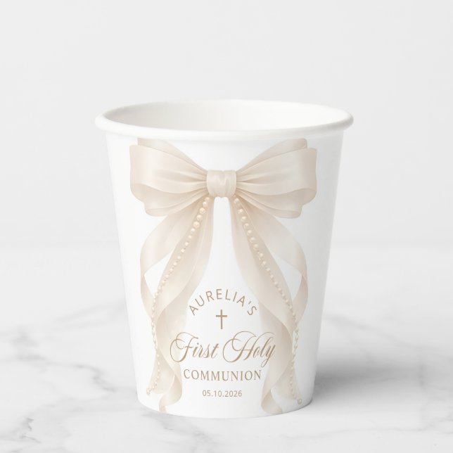 Vasos de papel de lazo de perla de Primera Comunió (Anverso)