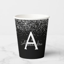 Vasos de papel de monograma con brillo plateado ne