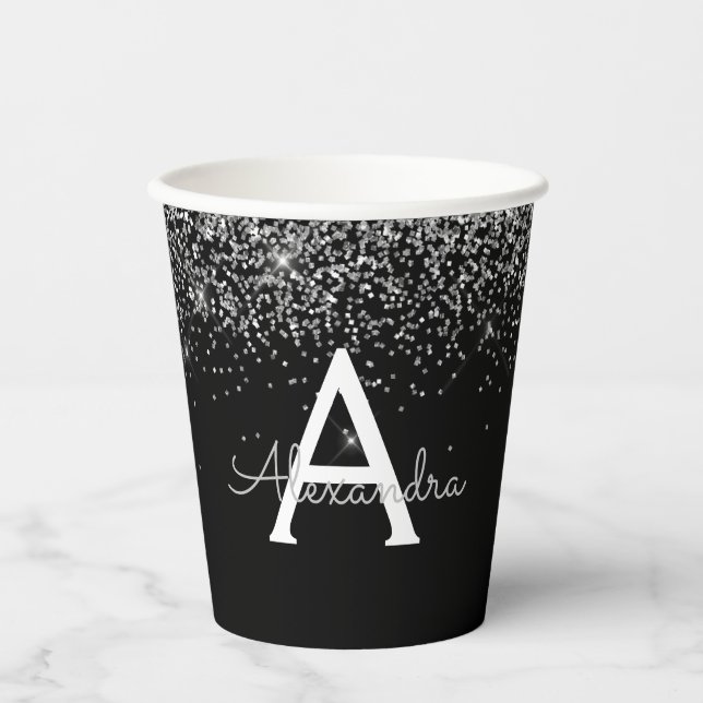 Vasos de papel de monograma con brillo plateado ne (Anverso)