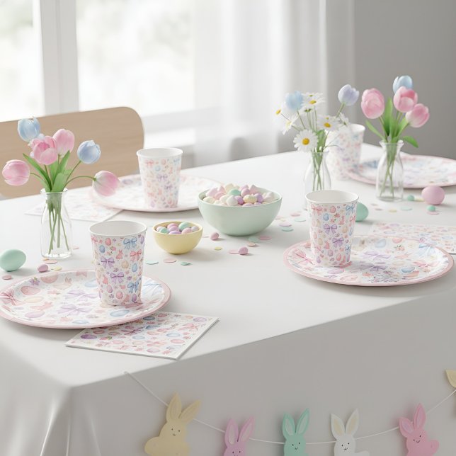 Vasos de papel de Pascua con conejo coquette y laz (Whimsical watercolor bunnies & pink bows: a chic, coquette-inspired collection for a dreamy Easter.)