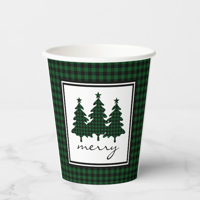 Vasos de papel de pino con cuadros de búfalo verde (Anverso)