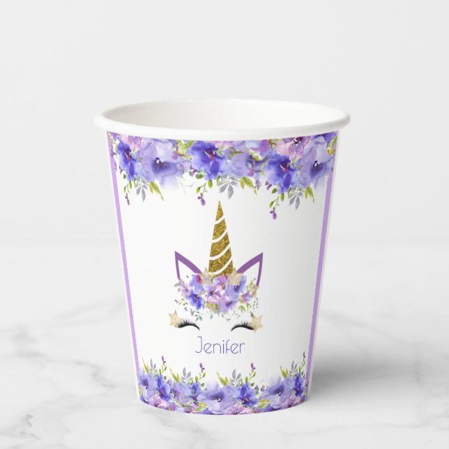 Vasos De Papel Decoraciones de cumpleaños de Unicornio violeta fr (Anverso)