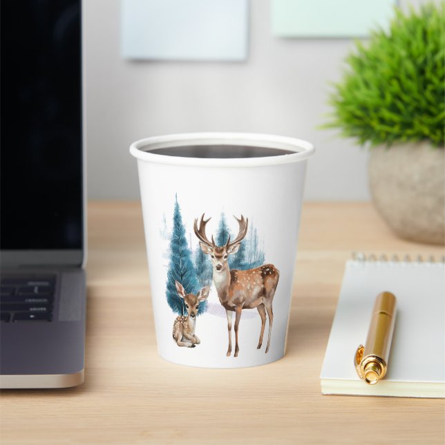 Vasos De Papel Deer and doe with snowy pine tree (in situ)