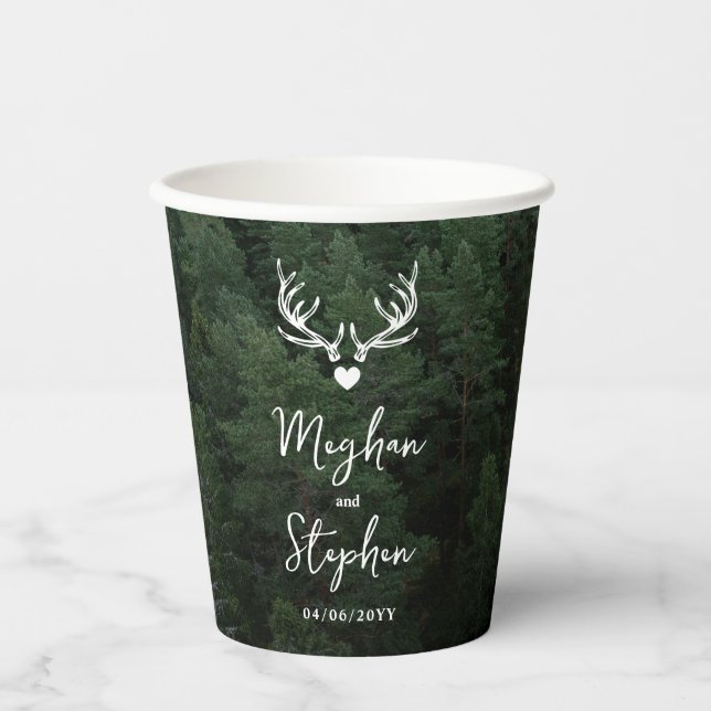 Vasos De Papel Deer Antlers Woodland Pine Tree Forest Wedding (Anverso)