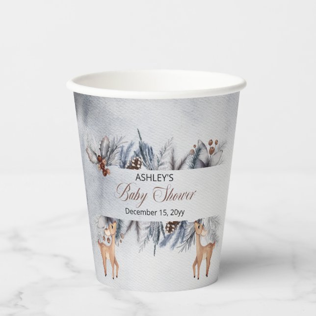 Vasos De Papel Deer Rustic Winter Floral Baby Shower (Anverso)