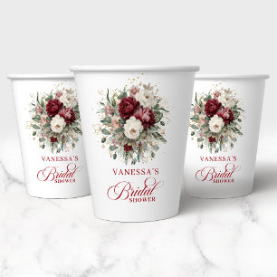 Vasos de papel delicados florales borgoña para des