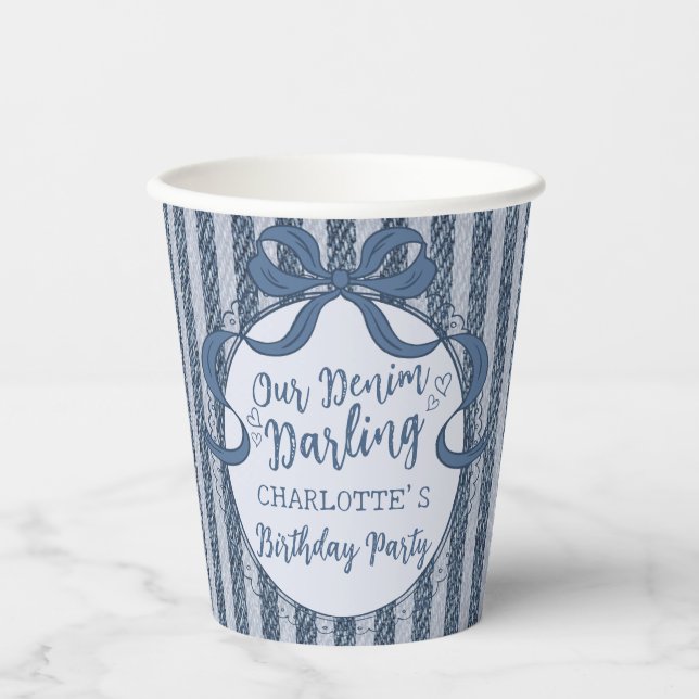 Vasos De Papel Denim Coquette Bow Blue Jean Baby Birthday (Anverso)