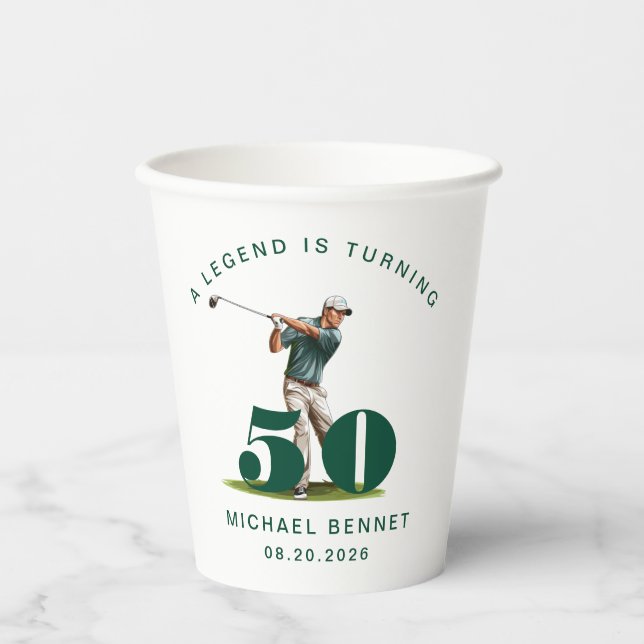 Vasos De Papel Deportista Verde Golfista Cumpleaños 50 (Anverso)