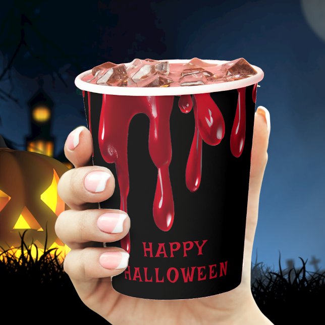 Vasos De Papel Derrame de sangre Halloween rojo y negro (red blood drip black Halloween paper cup)